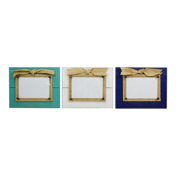 Beadboard With Burlap Bow 4X6 Photo Frames Set of 3 Teal White and Navy - Picture 1 of 4